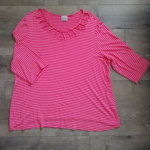 Como Vintage Coral and White Stripe 3/4 Length Sleeve Top 1X